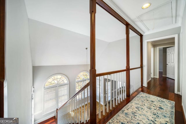 931 New Bedford Dr, Marietta, GA 30068 - corridor with an upstairs landing, wood finished floors, baseboards, attic access, and vaulted ceiling