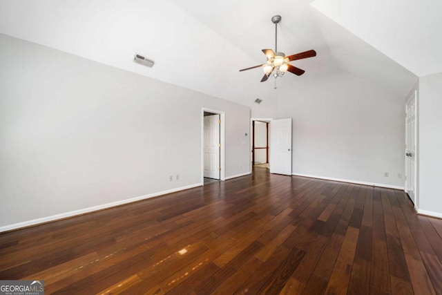 931 New Bedford Dr, Marietta, GA 30068 - spare room featuring visible vents, baseboards, dark wood finished floors, high vaulted ceiling, and a ceiling fan