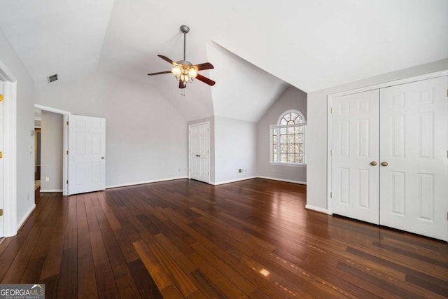 931 New Bedford Dr, Marietta, GA 30068 - bonus room with baseboards, visible vents, dark wood-style flooring, ceiling fan, and vaulted ceiling