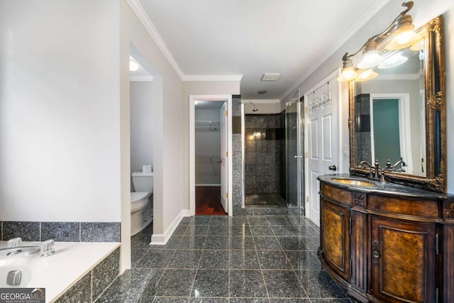 931 New Bedford Dr, Marietta, GA 30068 - bathroom featuring baseboards, a shower stall, crown molding, and granite finish floor