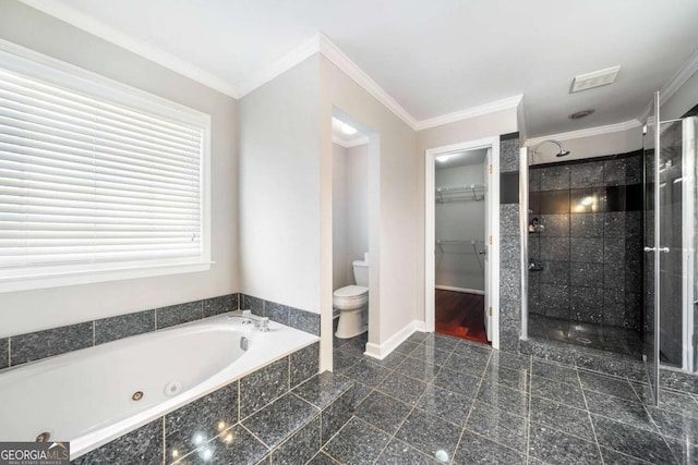 931 New Bedford Dr, Marietta, GA 30068 - bathroom featuring baseboards, a stall shower, ornamental molding, and granite finish floor