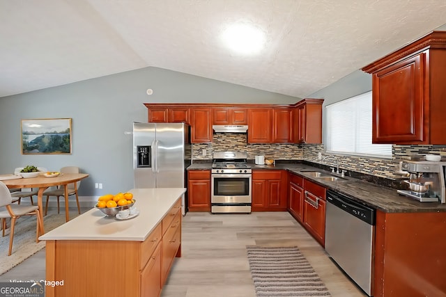 kitchen featuring stainless steel appliances, under cabinet range hood, vaulted ceiling, a sink, and tasteful backsplash