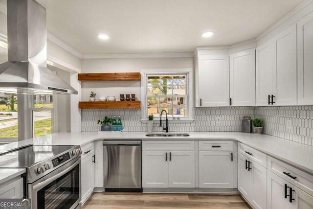 kitchen with open shelves, a sink, stainless steel appliances, tasteful backsplash, and island range hood