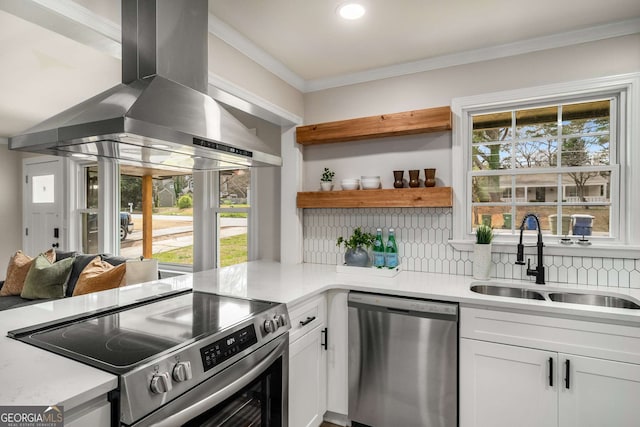 kitchen with a sink, ornamental molding, extractor fan, stainless steel appliances, and backsplash