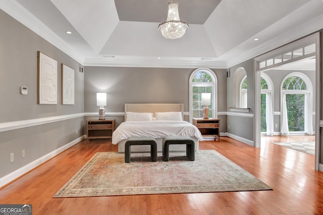 1575 Oak Mountain Rd, Shiloh, GA 31826 - bedroom featuring ornamental molding, a tray ceiling, and hardwood / wood-style floors