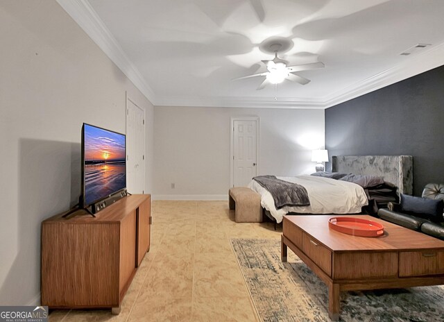 1575 Oak Mountain Rd, Shiloh, GA 31826 - bedroom with ornamental molding, a ceiling fan, baseboards, and light tile patterned flooring