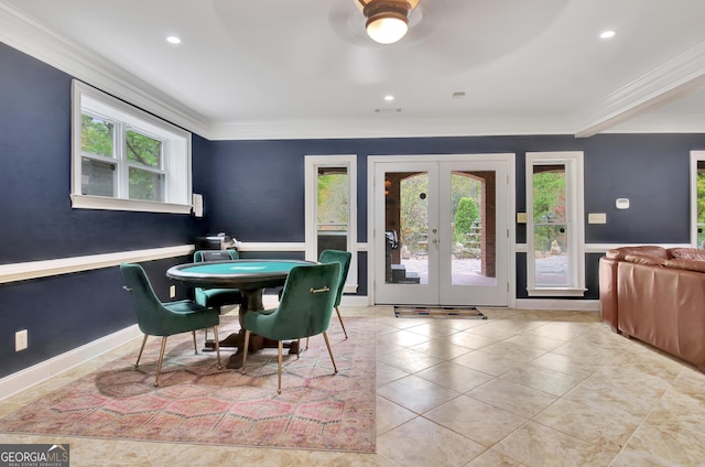 1575 Oak Mountain Rd, Shiloh, GA 31826 - dining space with crown molding, tile patterned floors, a wainscoted wall, french doors, and a ceiling fan
