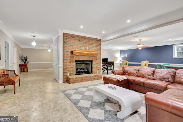 1575 Oak Mountain Rd, Shiloh, GA 31826 - living area featuring ornamental molding, a brick fireplace, recessed lighting, and light tile patterned floors