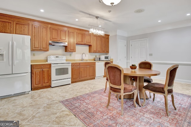 1575 Oak Mountain Rd, Shiloh, GA 31826 - kitchen with an inviting chandelier, a sink, white appliances, under cabinet range hood, and ornamental molding