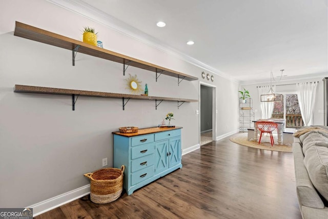 living area with recessed lighting, dark wood-style floors, baseboards, and ornamental molding