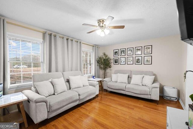1417 Hickory Dr SW, Lilburn, GA 30047 - living room featuring a ceiling fan, light wood-type flooring, plenty of natural light, and a textured ceiling