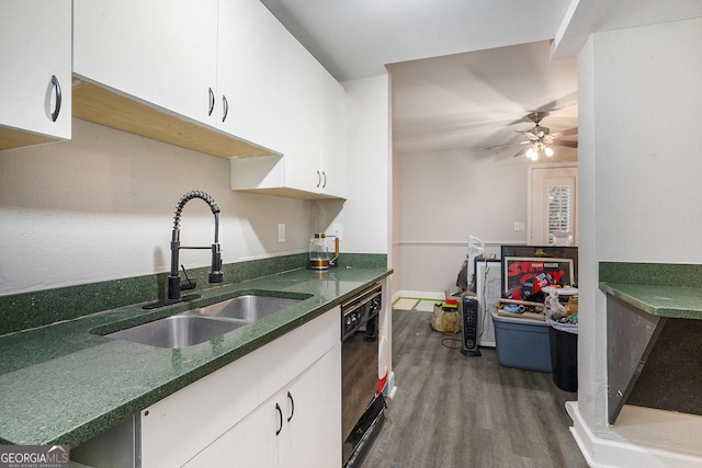 385 Ralph Mcgill Blvd NE Unit D, Atlanta, GA 30312 - kitchen featuring a sink, dark wood-style floors, black dishwasher, white cabinets, and ceiling fan