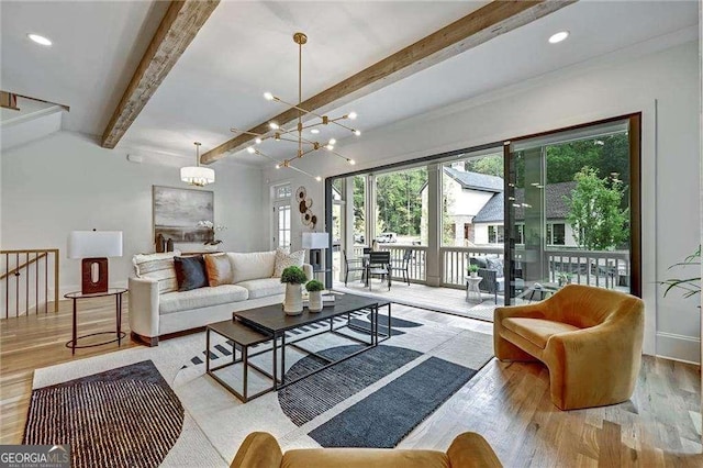 living room with recessed lighting, a notable chandelier, beam ceiling, and wood finished floors