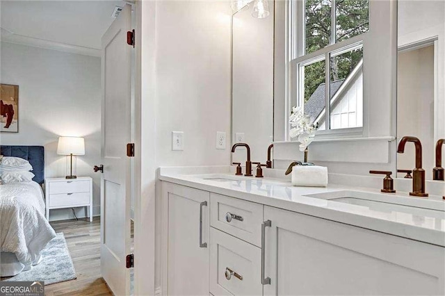 bathroom featuring ensuite bathroom, double vanity, wood finished floors, and a sink