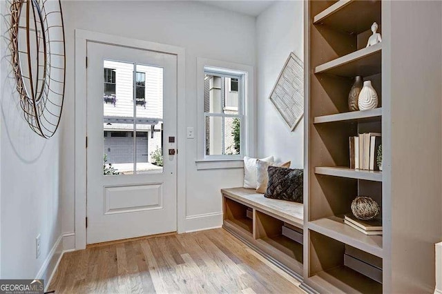 mudroom with baseboards and wood finished floors