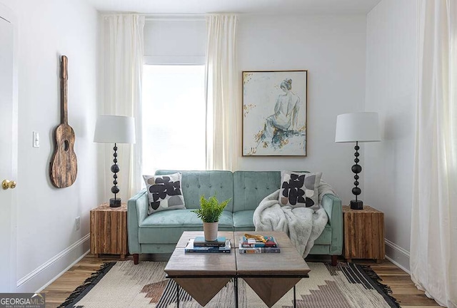 living area featuring baseboards and wood finished floors