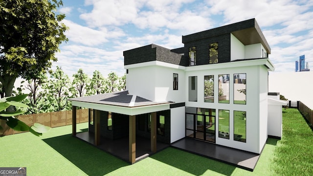 3534 Rockhaven, Atlanta, GA 30324 - rear view of house with a lawn, fence, a patio, and stucco siding