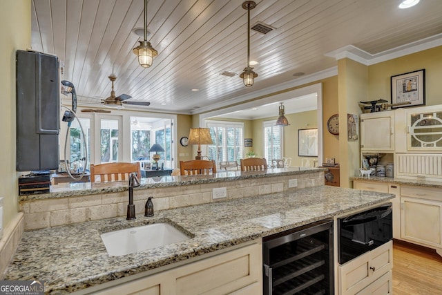 1108 E Mission Ln SE, Darien, GA 31305 - kitchen with wine cooler, a sink, ornamental molding, light stone countertops, and ceiling fan