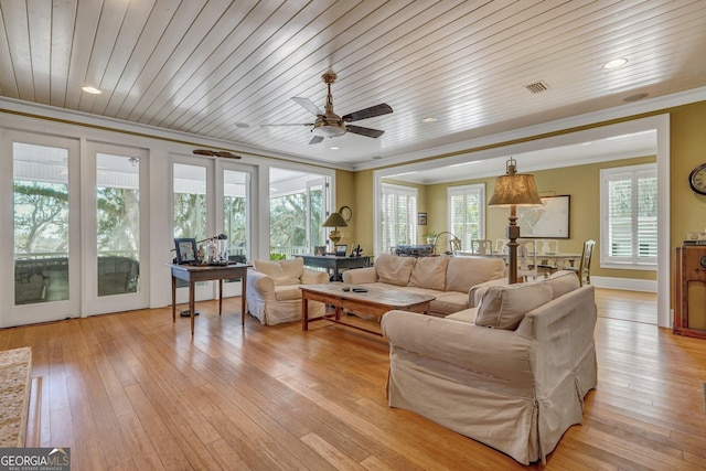 living room featuring ornamental molding, light wood-type flooring, wooden ceiling, and a ceiling fan