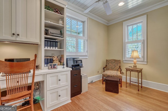 1108 E Mission Ln SE, Darien, GA 31305 - sitting room with a ceiling fan, light wood finished floors, wood ceiling, baseboards, and an office area