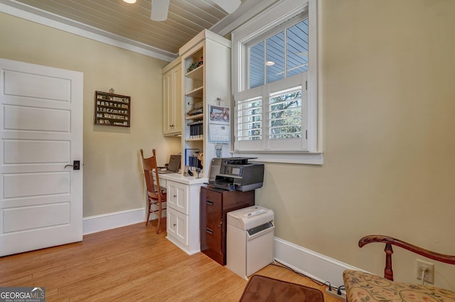 office area with light wood finished floors, baseboards, and wood ceiling