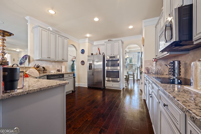 2441 Noelle Ln, Powder Springs, GA 30127 - kitchen featuring light stone countertops, arched walkways, dark wood-type flooring, appliances with stainless steel finishes, and crown molding