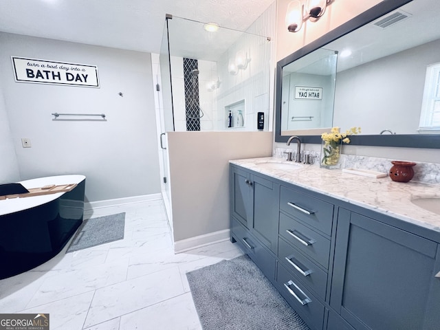 4436 Old Country Way, Snellville, GA 30039 - full bath featuring marble finish floors, a freestanding bath, double vanity, a tile shower, and recessed lighting