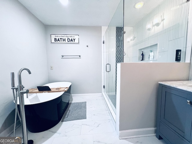 4436 Old Country Way, Snellville, GA 30039 - bathroom with marble look tiles, a shower stall, a freestanding bath, vanity, and recessed lighting