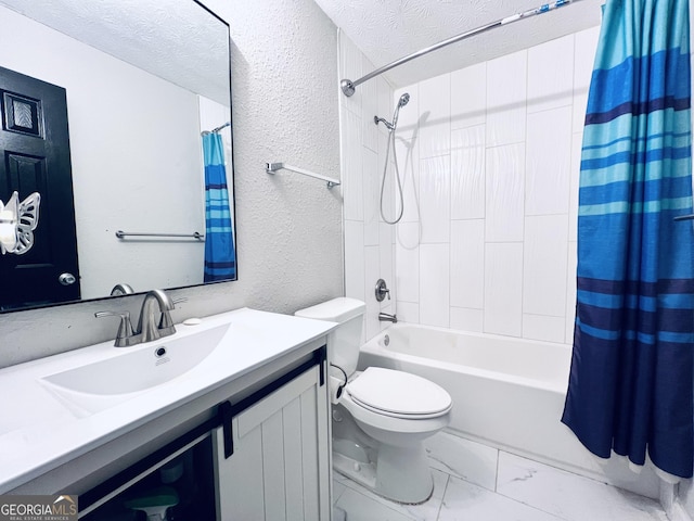 4436 Old Country Way, Snellville, GA 30039 - bathroom featuring a textured wall, shower / tub combo, vanity, marble finish floors, and a textured ceiling