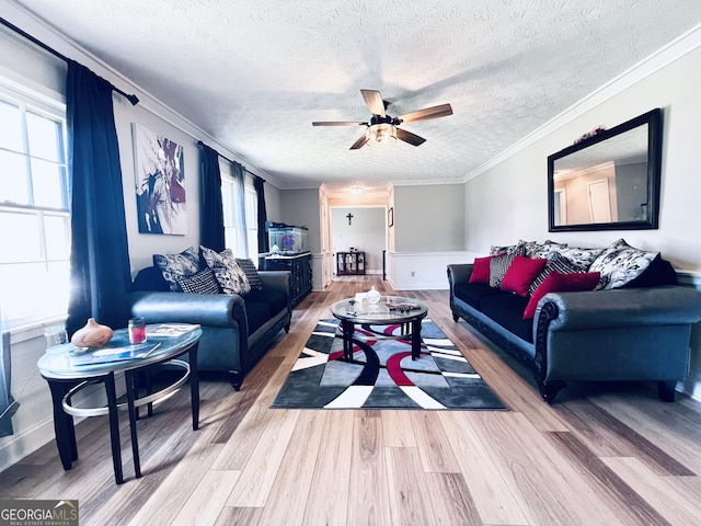 4436 Old Country Way, Snellville, GA 30039 - living area featuring healthy amount of natural light, wood finished floors, ceiling fan, a textured ceiling, and ornamental molding