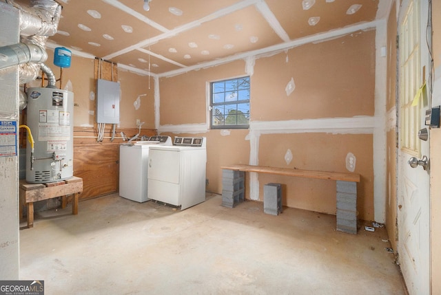 interior space with gas water heater, electric panel, and washer and dryer