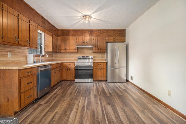 kitchen featuring under cabinet range hood, light countertops, a sink, and stainless steel appliances