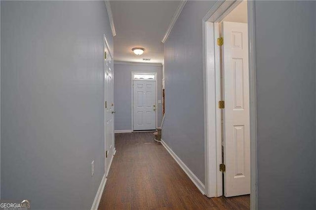 5381 Briar Creek Ln, Norcross, GA 30071 - hallway with ornamental molding, dark wood finished floors, baseboards, and attic access