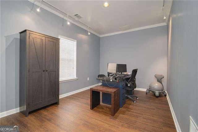 5381 Briar Creek Ln, Norcross, GA 30071 - office space featuring rail lighting, wood finished floors, baseboards, and crown molding