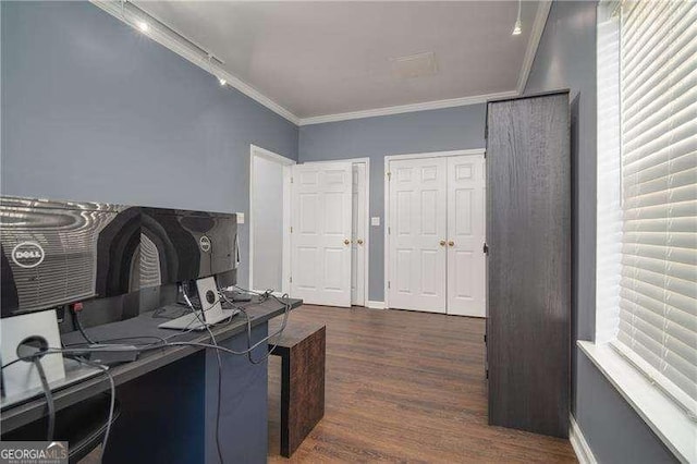 5381 Briar Creek Ln, Norcross, GA 30071 - office with ornamental molding, dark wood-style floors, and baseboards