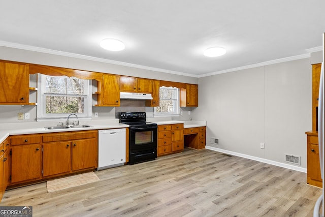3920 Blue Ridge Dr, Blue Ridge, GA 30513 - kitchen with open shelves, under cabinet range hood, dishwasher, black / electric stove, and a sink
