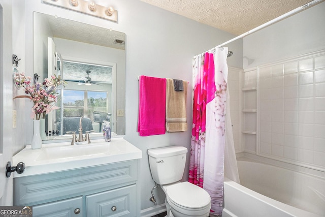 ensuite bathroom featuring vanity, toilet, a textured ceiling, visible vents, and shower / bath combination with curtain