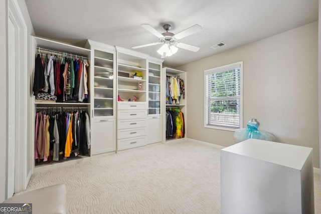 walk in closet featuring visible vents, ceiling fan, and light colored carpet