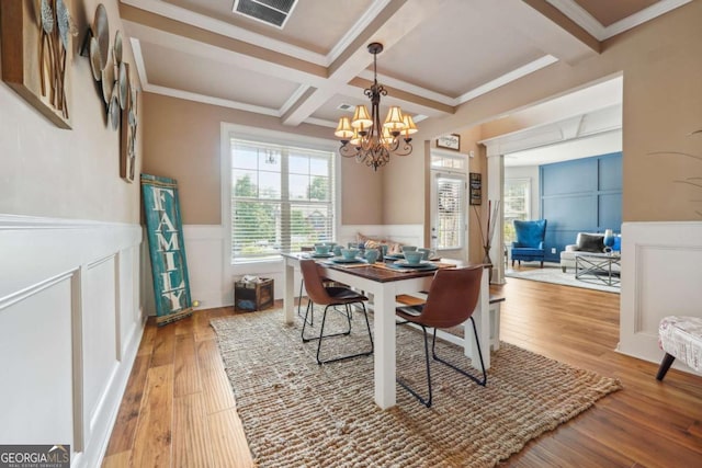 dining room featuring visible vents, wood finished floors, beamed ceiling, an inviting chandelier, and coffered ceiling