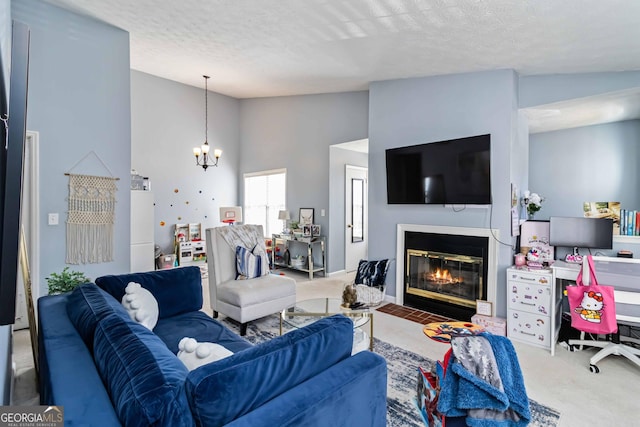 909 Glenleaf Dr, Peachtree Corners, GA 30092 - carpeted living area with a chandelier, lofted ceiling, a fireplace with flush hearth, and a textured ceiling