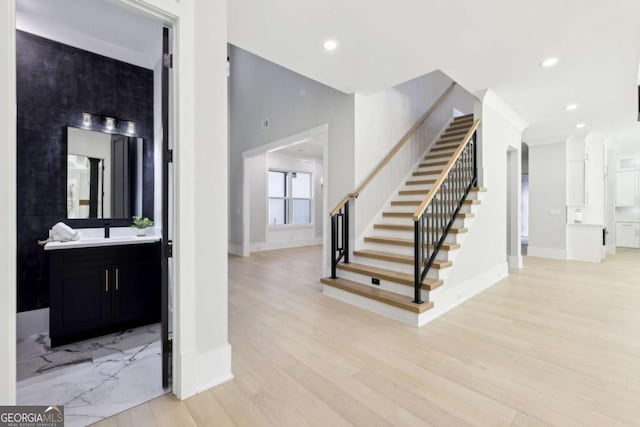 3057 Bold Springs Rd, Dacula, GA 30019 - entrance foyer featuring recessed lighting, baseboards, stairs, and light wood finished floors
