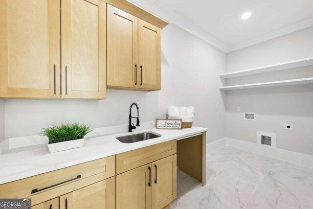 3057 Bold Springs Rd, Dacula, GA 30019 - kitchen with a sink, light brown cabinetry, light countertops, marble finish floor, and open shelves