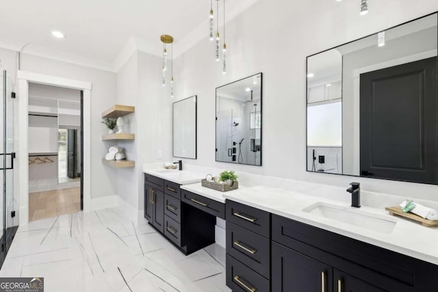 3057 Bold Springs Rd, Dacula, GA 30019 - bathroom with double vanity, a shower stall, crown molding, and recessed lighting