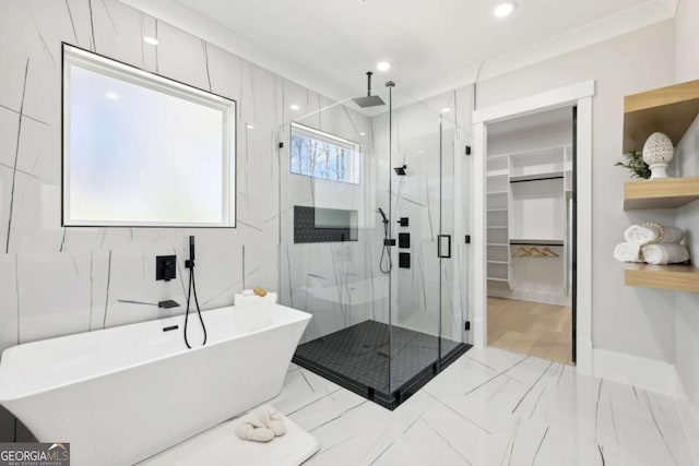 3057 Bold Springs Rd, Dacula, GA 30019 - full bath with a marble finish shower, recessed lighting, a freestanding bath, a spacious closet, and marble finish floor