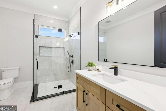3057 Bold Springs Rd, Dacula, GA 30019 - bathroom with a marble finish shower, crown molding, toilet, marble finish floor, and vanity