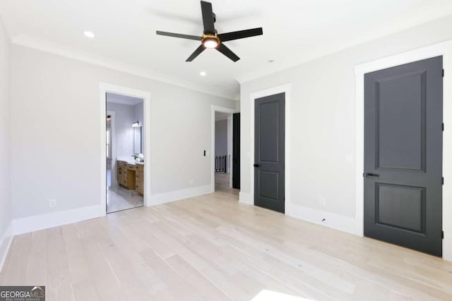 3057 Bold Springs Rd, Dacula, GA 30019 - unfurnished bedroom featuring light wood finished floors, recessed lighting, crown molding, ensuite bathroom, and a ceiling fan