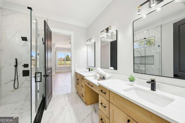 3057 Bold Springs Rd, Dacula, GA 30019 - full bath featuring a marble finish shower, double vanity, and marble finish flooring