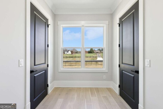 3057 Bold Springs Rd, Dacula, GA 30019 - doorway to outside featuring light wood-type flooring, baseboards, and ornamental molding