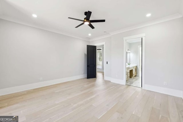 3057 Bold Springs Rd, Dacula, GA 30019 - unfurnished bedroom featuring ornamental molding, light wood-style floors, recessed lighting, ensuite bath, and a ceiling fan