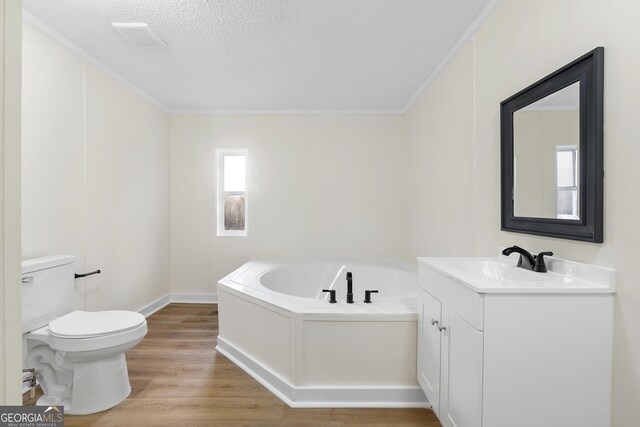 bathroom featuring toilet, vanity, a garden tub, wood finished floors, and a textured ceiling